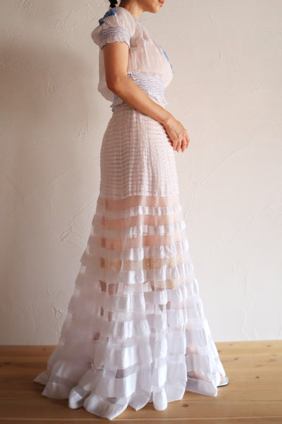 1910s English Sheer Cotton & Swiss Dot Tulle Train Skirt