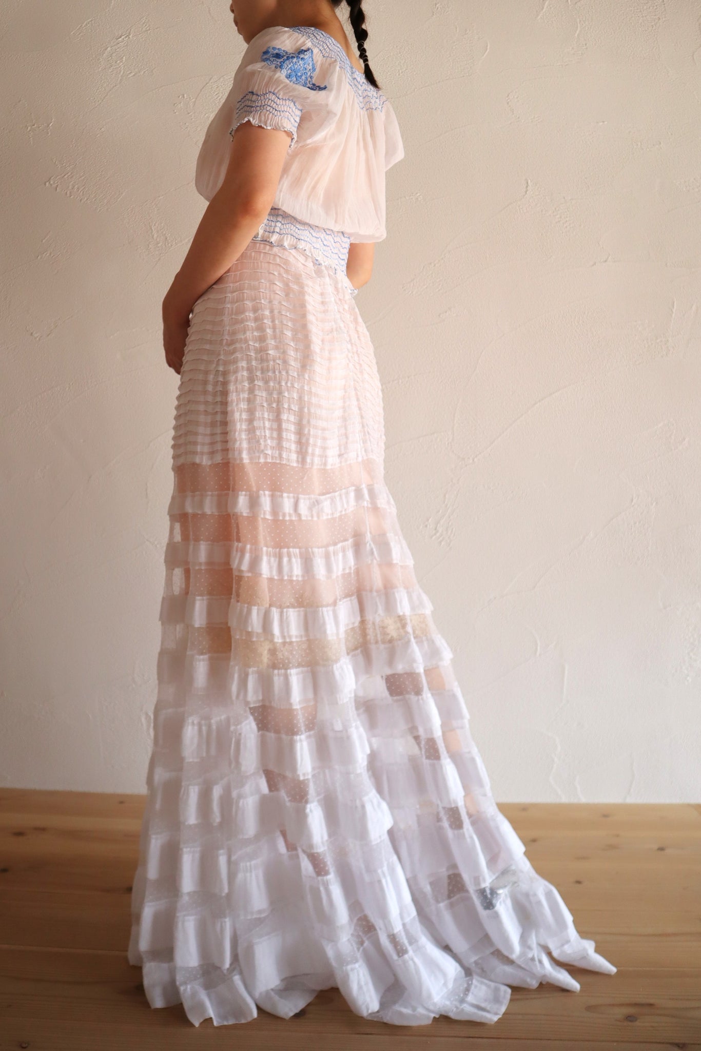 1910s English Sheer Cotton & Swiss Dot Tulle Train Skirt
