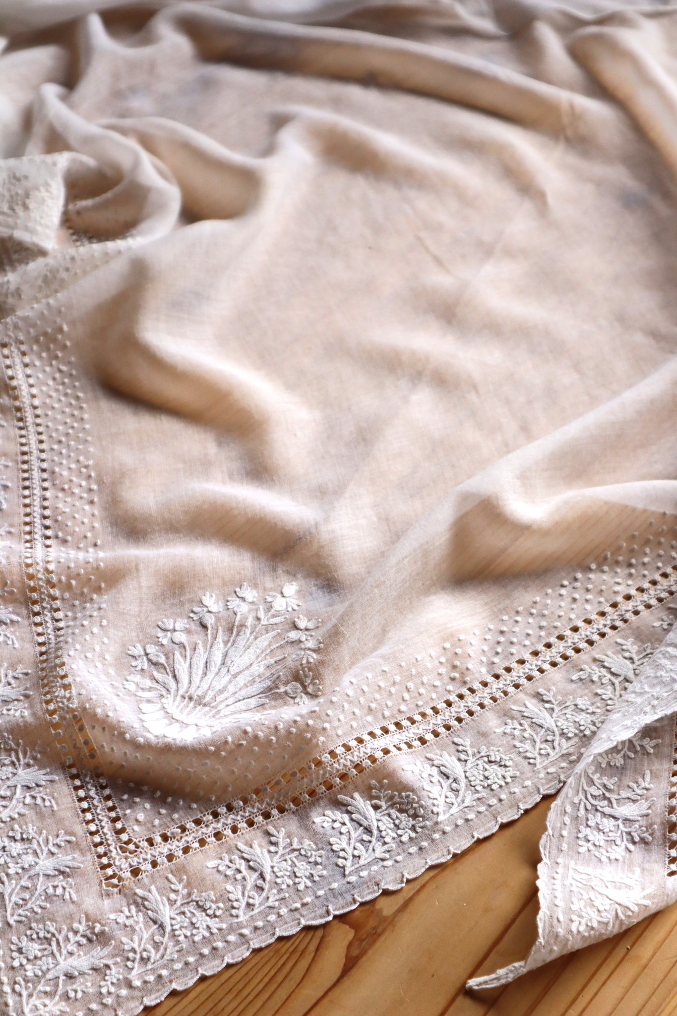 19th Century French Muslin Embroidered Fichu Shawl