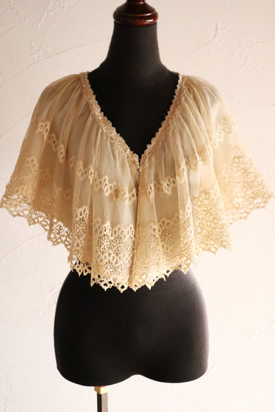 1920s Cotton Tulle Cape Collar with Hand Bobbin Lace Trim
