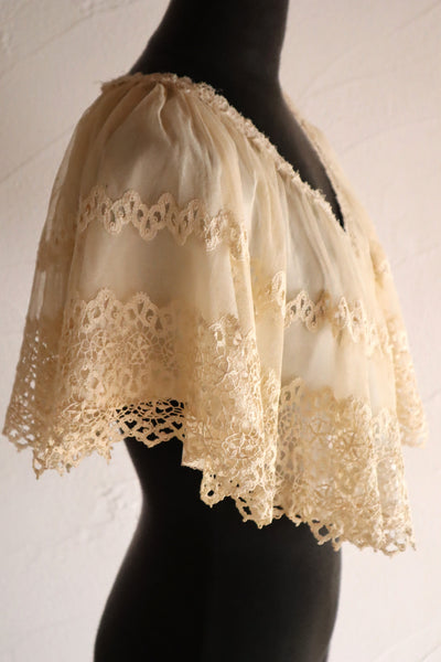 1920s Cotton Tulle Cape Collar with Hand Bobbin Lace Trim