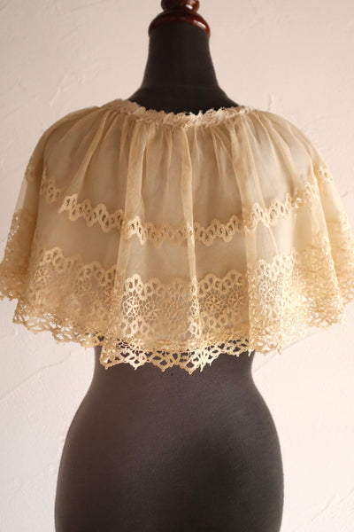 1920s Cotton Tulle Cape Collar with Hand Bobbin Lace Trim