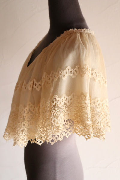 1920s Cotton Tulle Cape Collar with Hand Bobbin Lace Trim
