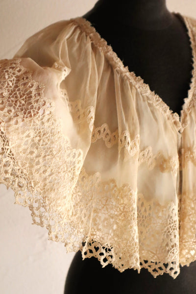 1920s Cotton Tulle Cape Collar with Hand Bobbin Lace Trim