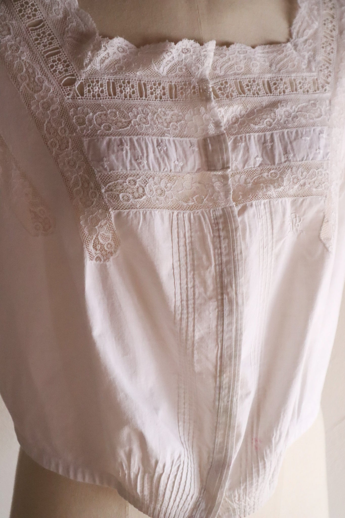 1900s French Cotton Corset Cover with Pintucks and Hand Embroidery