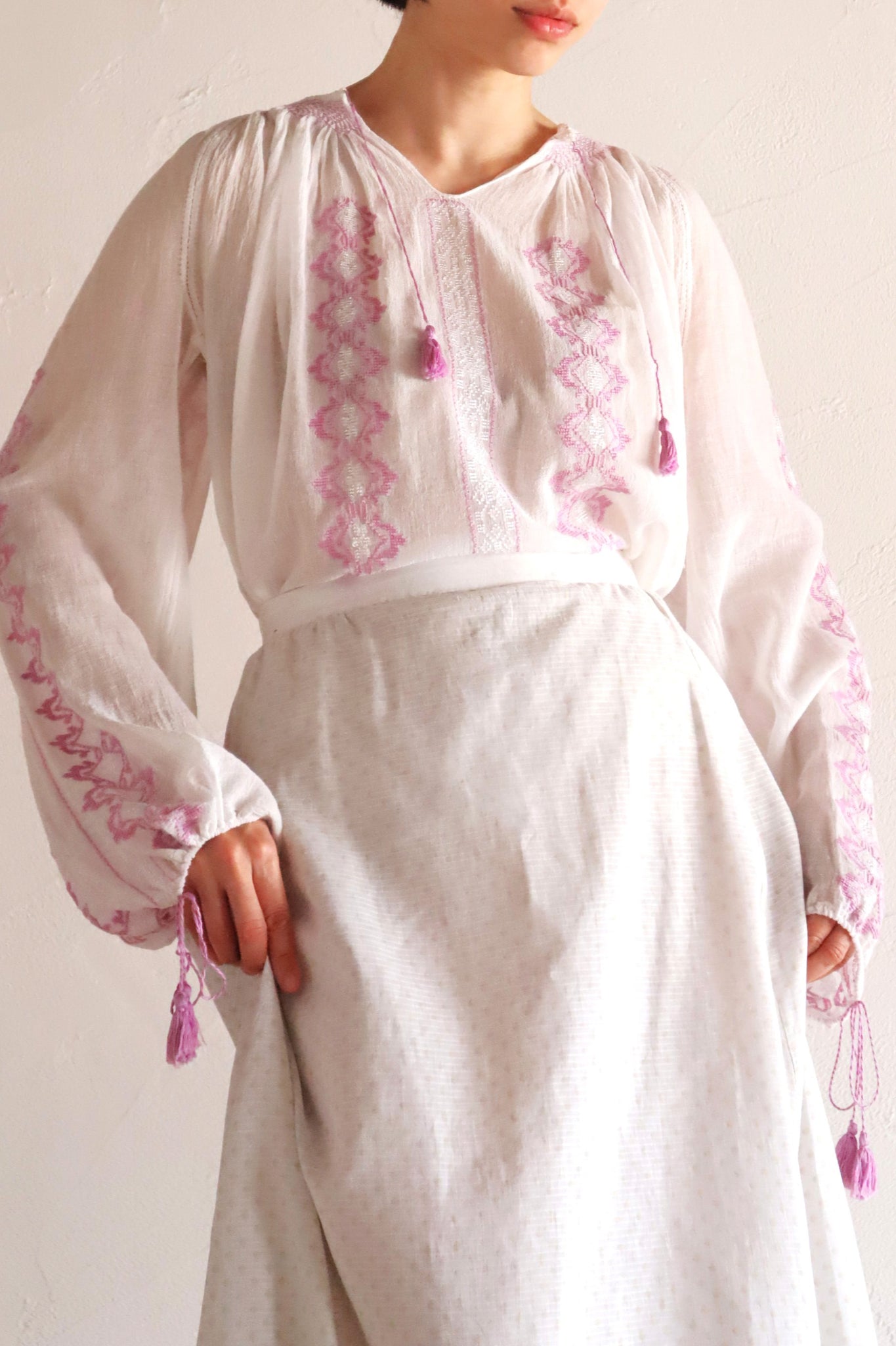 70s Embroidery Romanian Blouse Pink