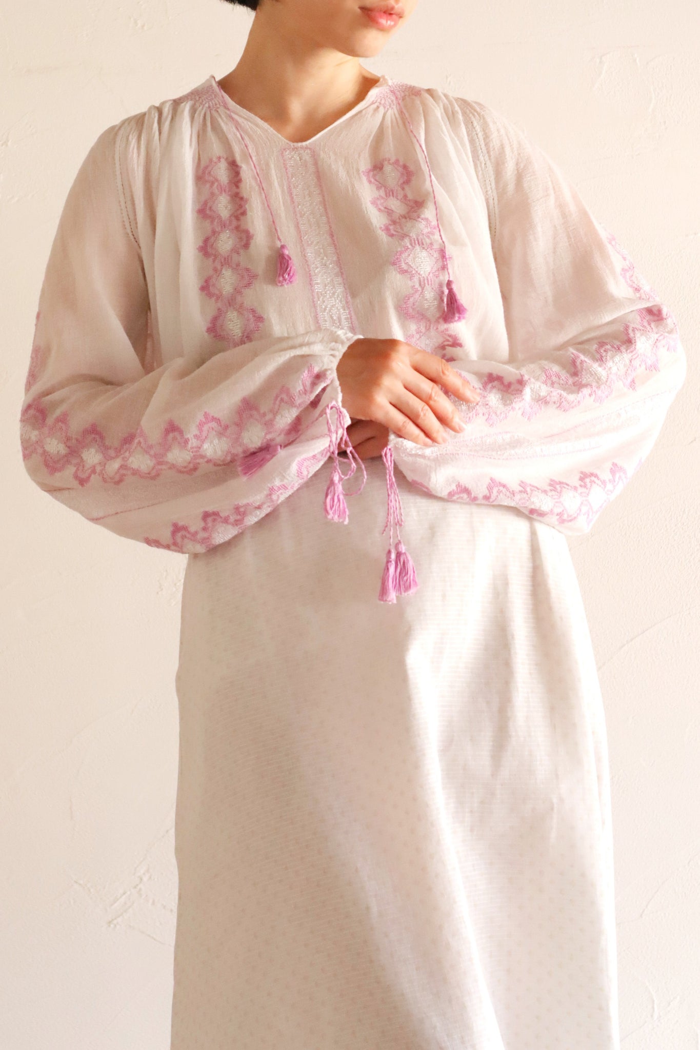 70s Embroidery Romanian Blouse Pink