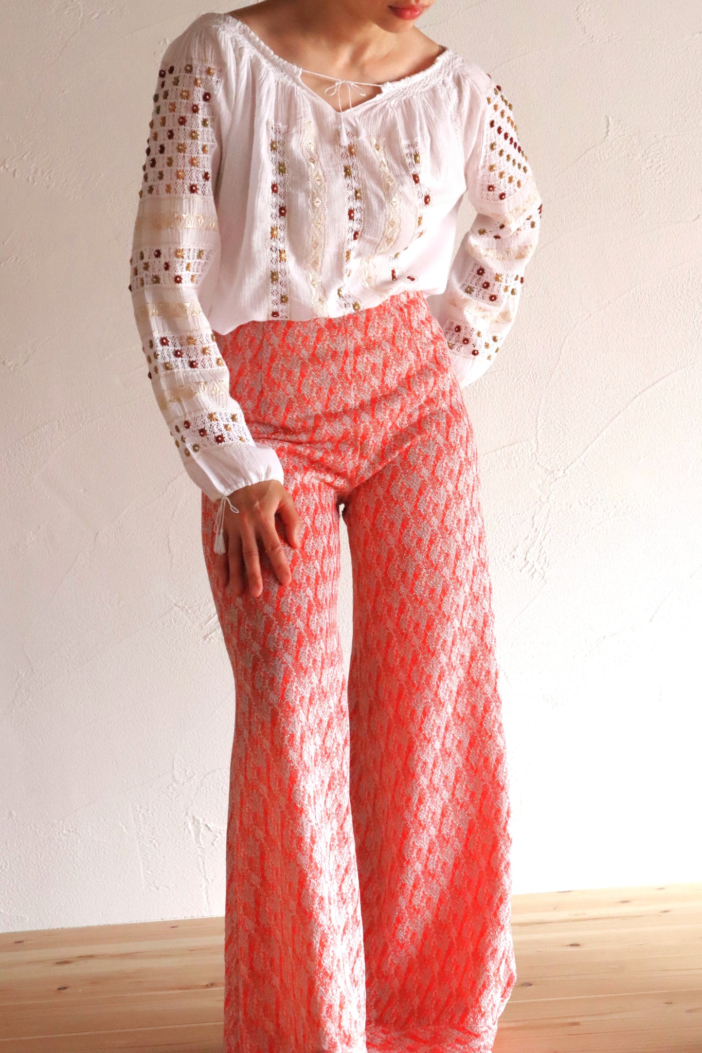 60s~70s Romanian Blouse White×Brown