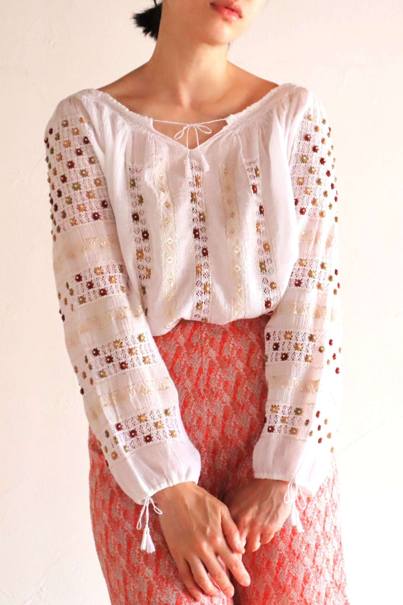 60s~70s Romanian Blouse White×Brown