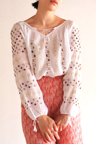 60s~70s Romanian Blouse White×Brown