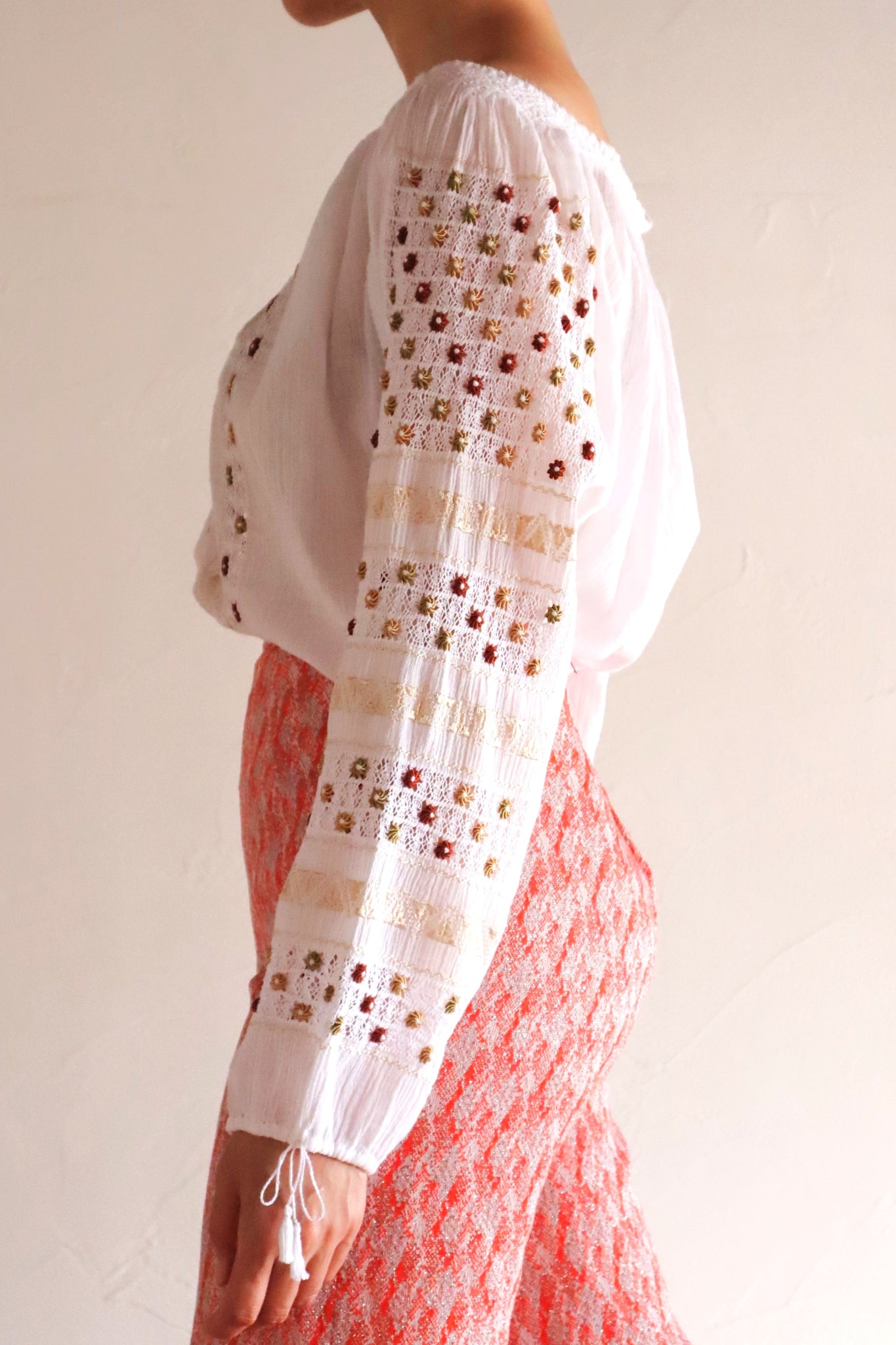 60s~70s Romanian Blouse White×Brown
