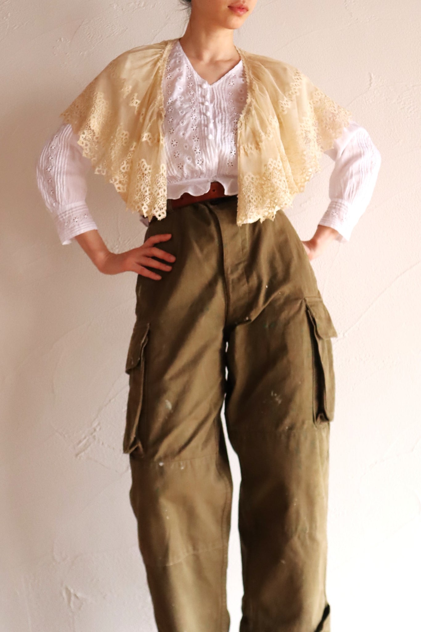 1920s Cotton Tulle Cape Collar with Hand Bobbin Lace Trim