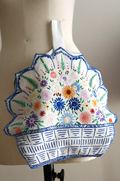 1940s Flower Basket Linen Bag