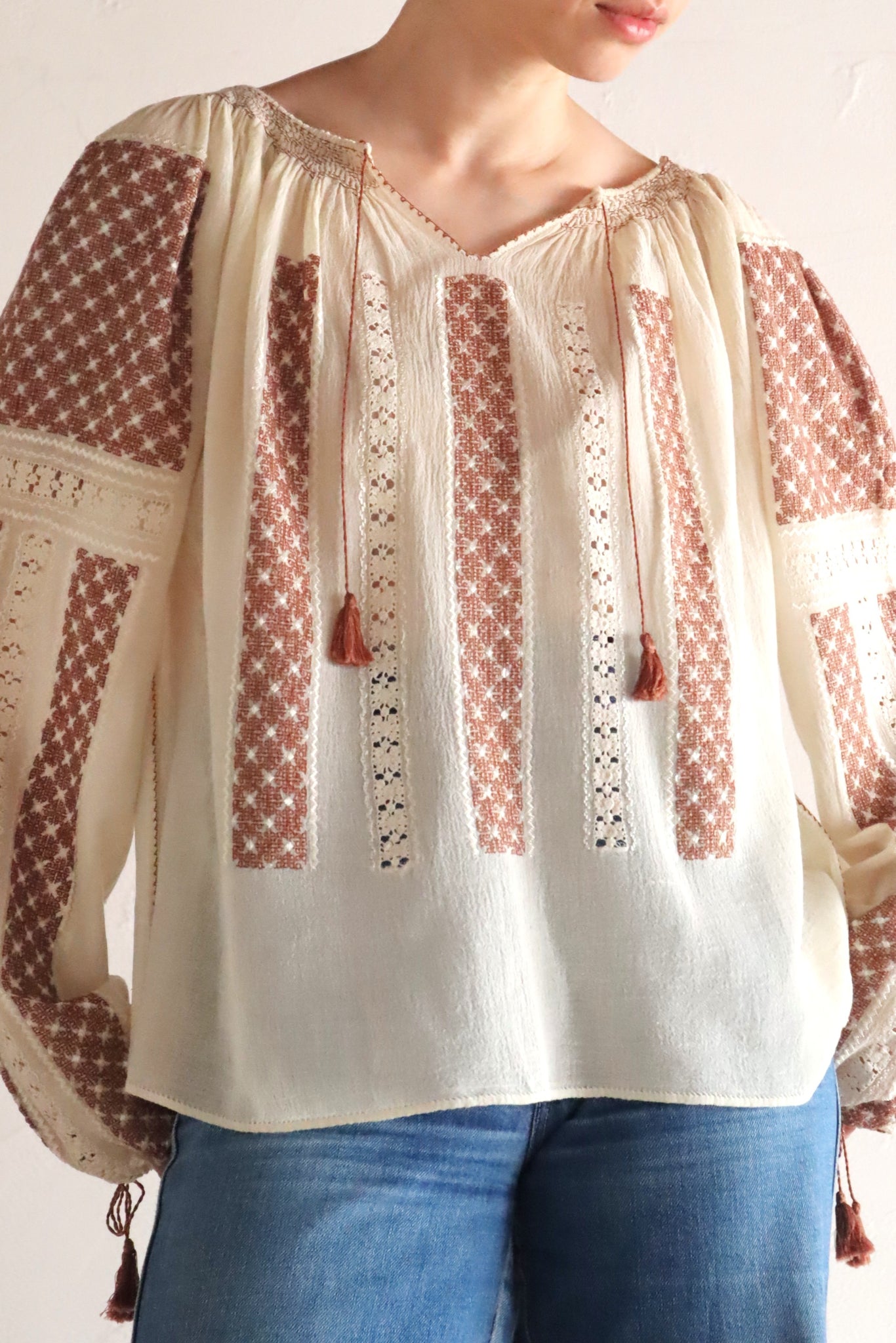 1940s~1950s Romanian Blouse Cream×Brown