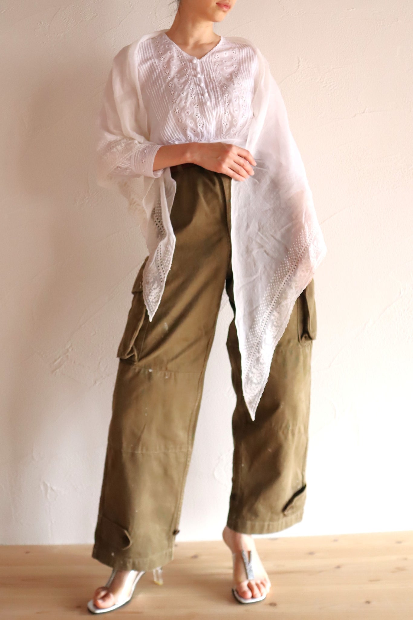 19th Century French Muslin Embroidered Fichu Shawl