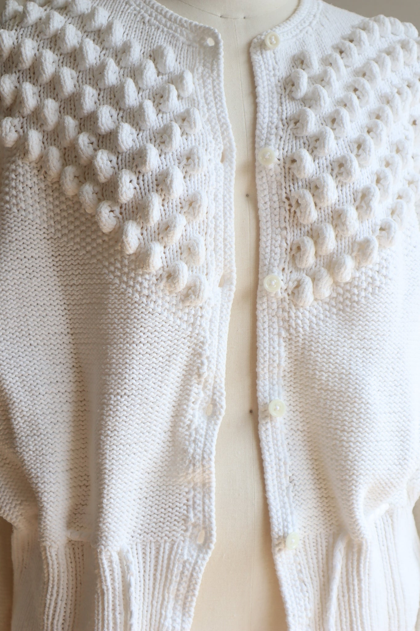 80s Hand Knit White Cotton Cardigan