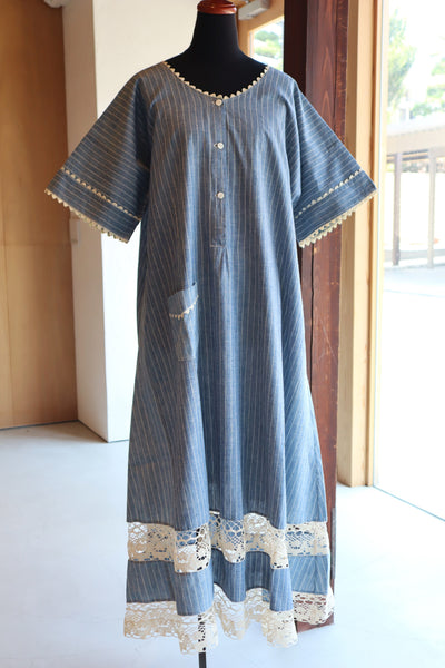 1920s Blue Linen Chambray House Dress