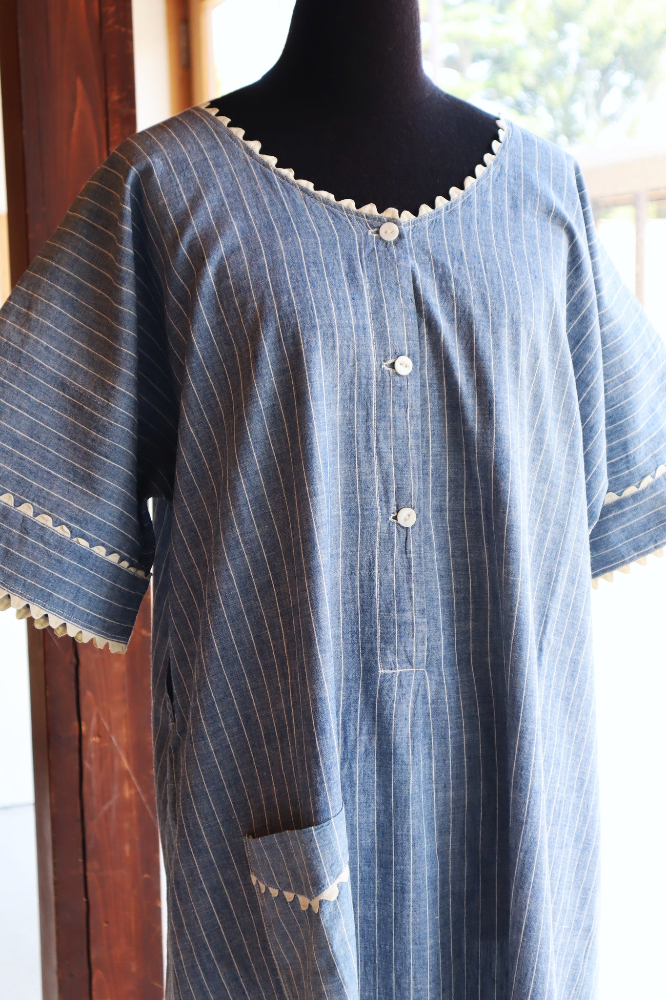 1920s Blue Linen Chambray House Dress