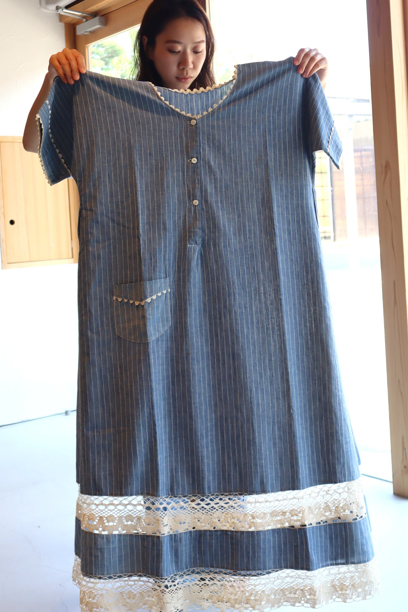 1920s Blue Linen Chambray House Dress