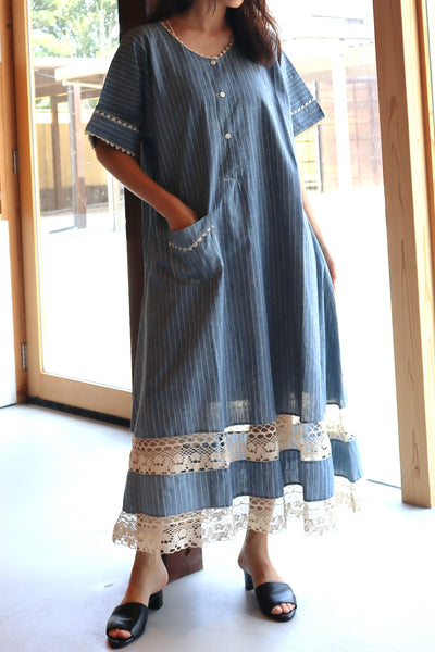 1920s Blue Linen Chambray House Dress