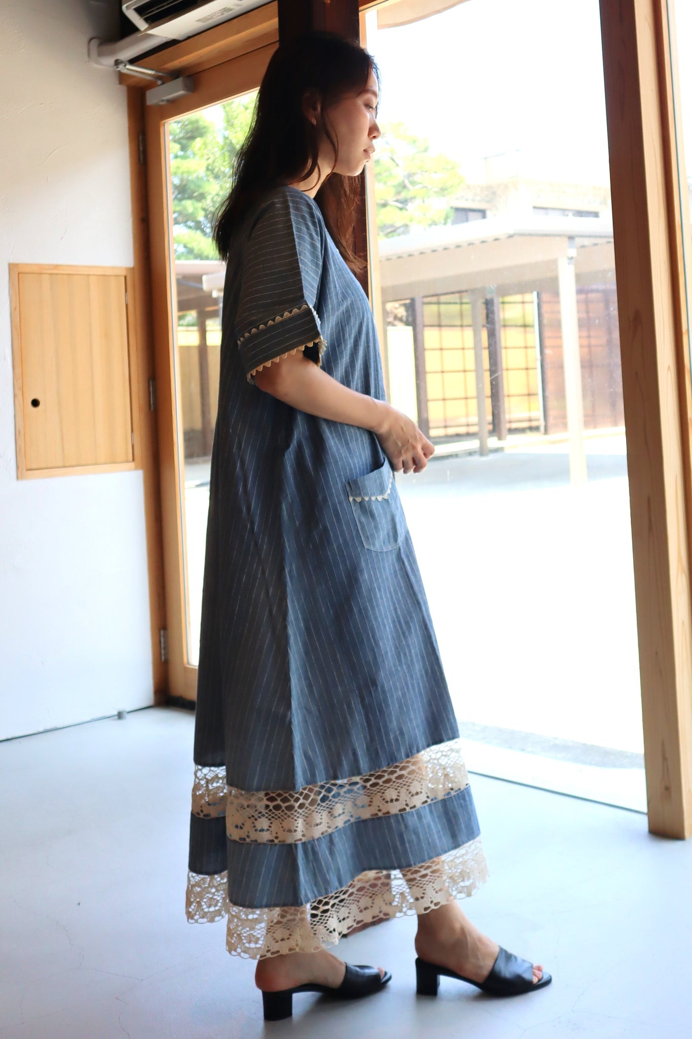 1920s Blue Linen Chambray House Dress