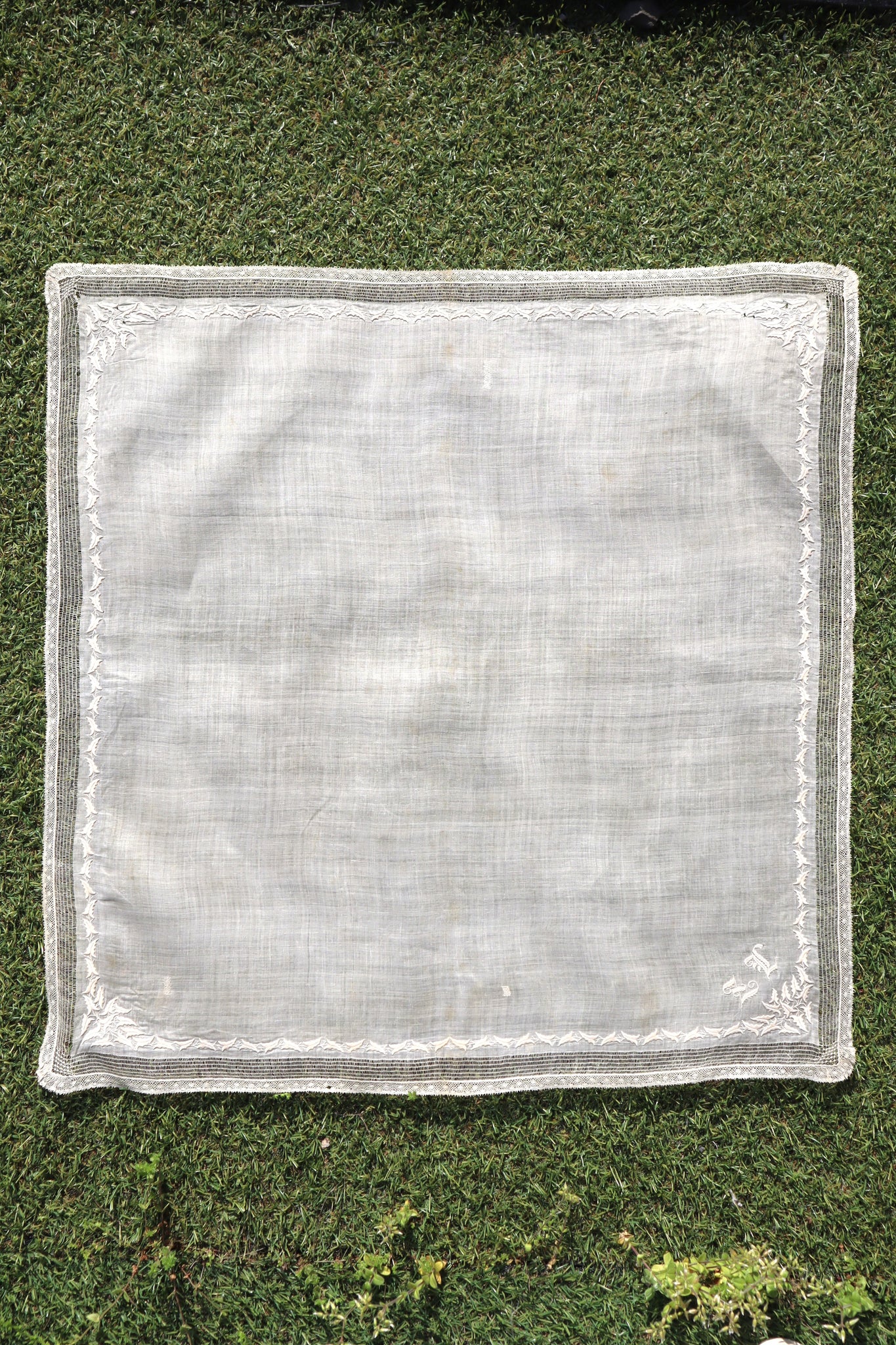 1900s French Linen Monogrammed Cloth with Drawnwork & Bobbin Lace