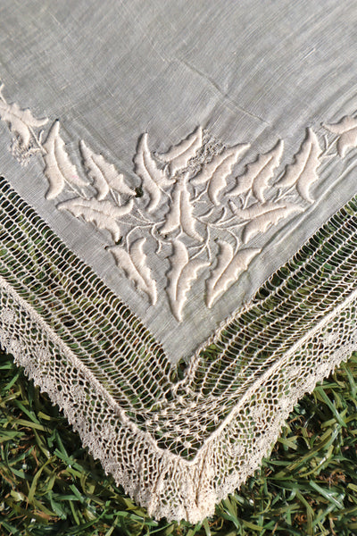 1900s French Linen Monogrammed Cloth with Drawnwork & Bobbin Lace