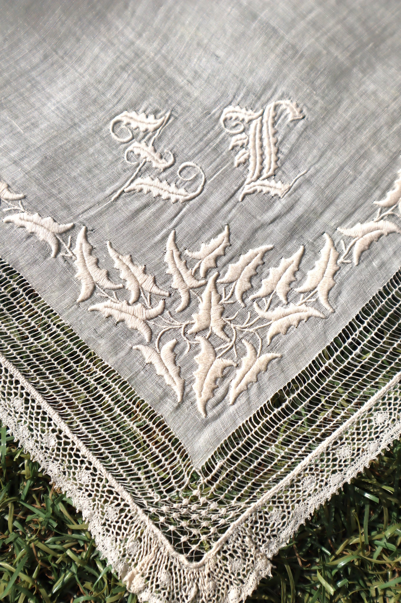 1900s French Linen Monogrammed Cloth with Drawnwork & Bobbin Lace