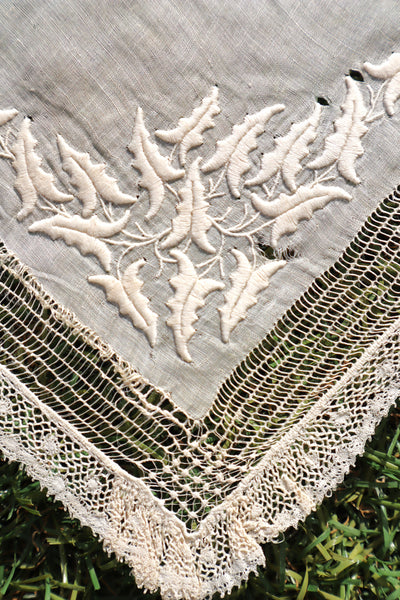 1900s French Linen Monogrammed Cloth with Drawnwork & Bobbin Lace
