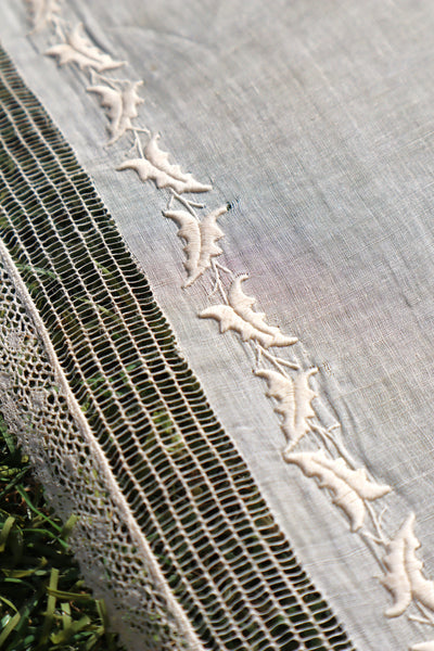 1900s French Linen Monogrammed Cloth with Drawnwork & Bobbin Lace