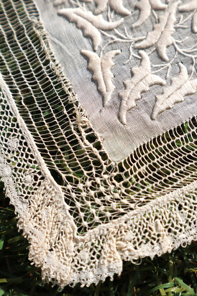 1900s French Linen Monogrammed Cloth with Drawnwork & Bobbin Lace