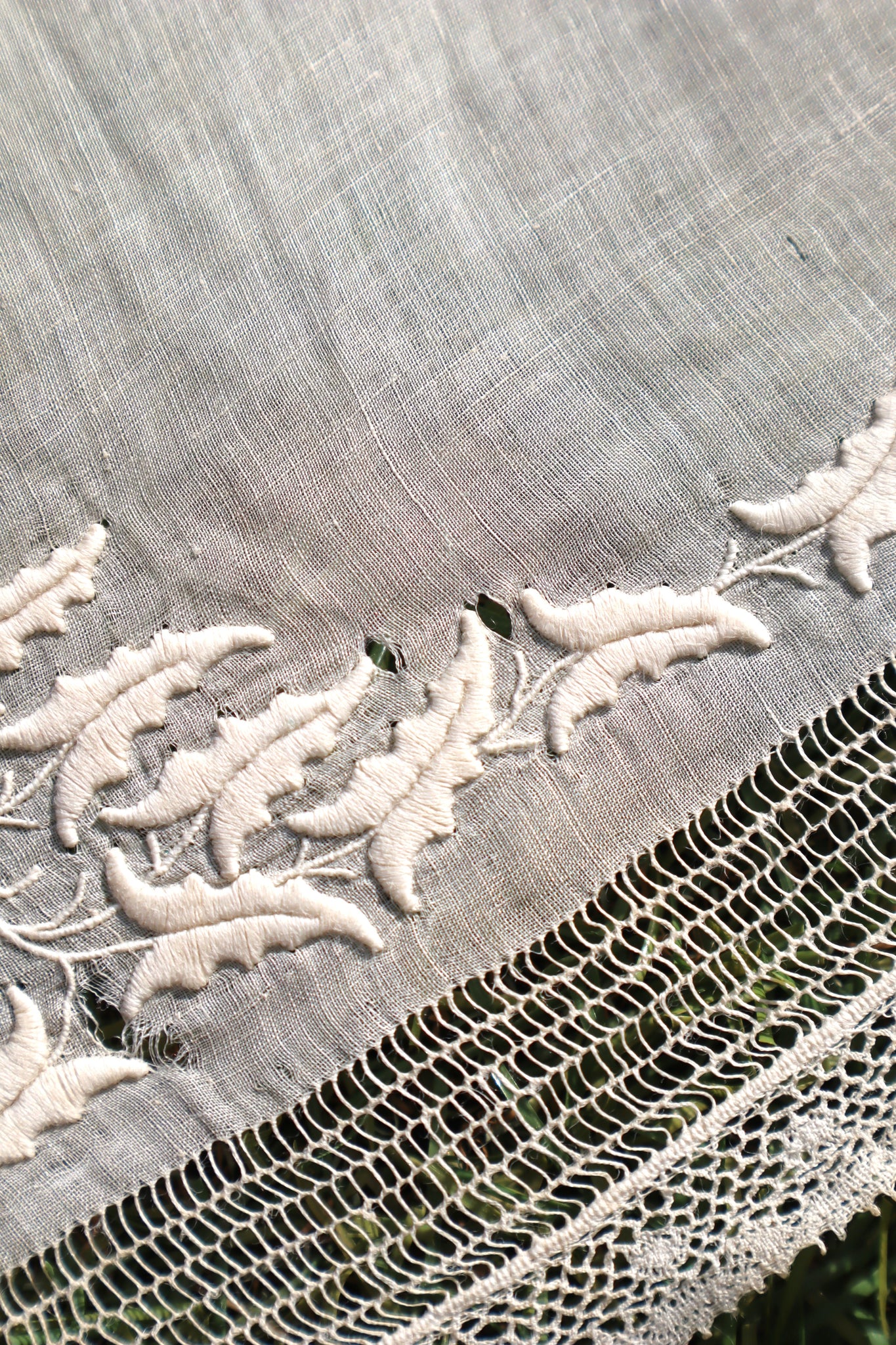 1900s French Linen Monogrammed Cloth with Drawnwork & Bobbin Lace