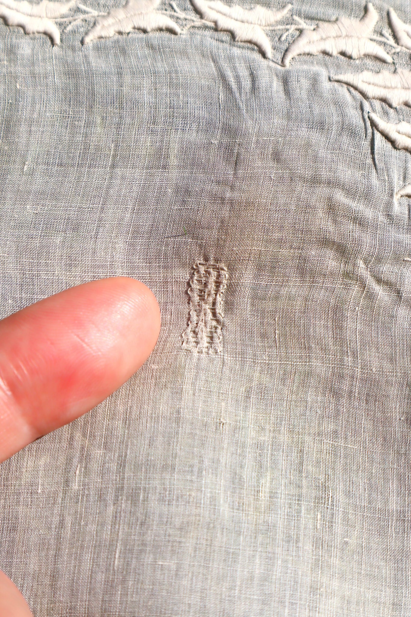 1900s French Linen Monogrammed Cloth with Drawnwork & Bobbin Lace