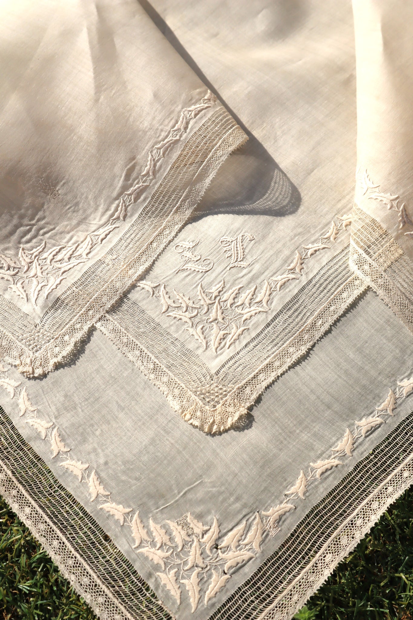 1900s French Linen Monogrammed Cloth with Drawnwork & Bobbin Lace