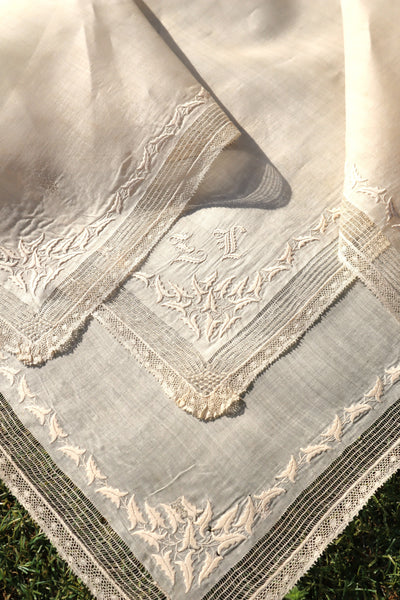 1900s French Linen Monogrammed Cloth with Drawnwork & Bobbin Lace