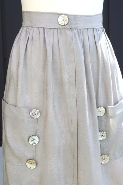 Late 1930s French Silk Jacquard Skirt with Decorative Shell Buttons