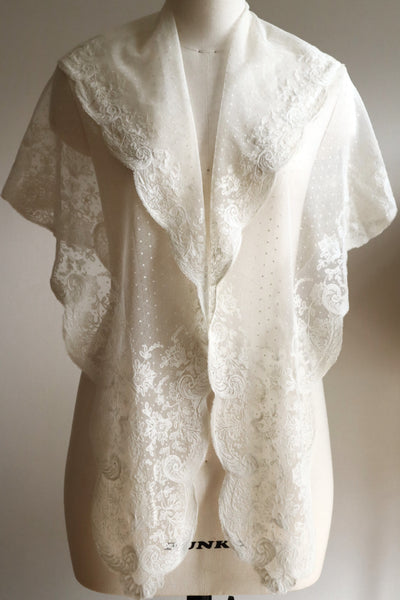 1900s French Embroidered Tulle Fichu Shawl