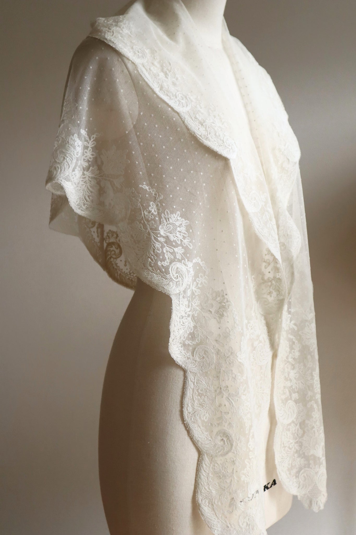 1900s French Embroidered Tulle Fichu Shawl