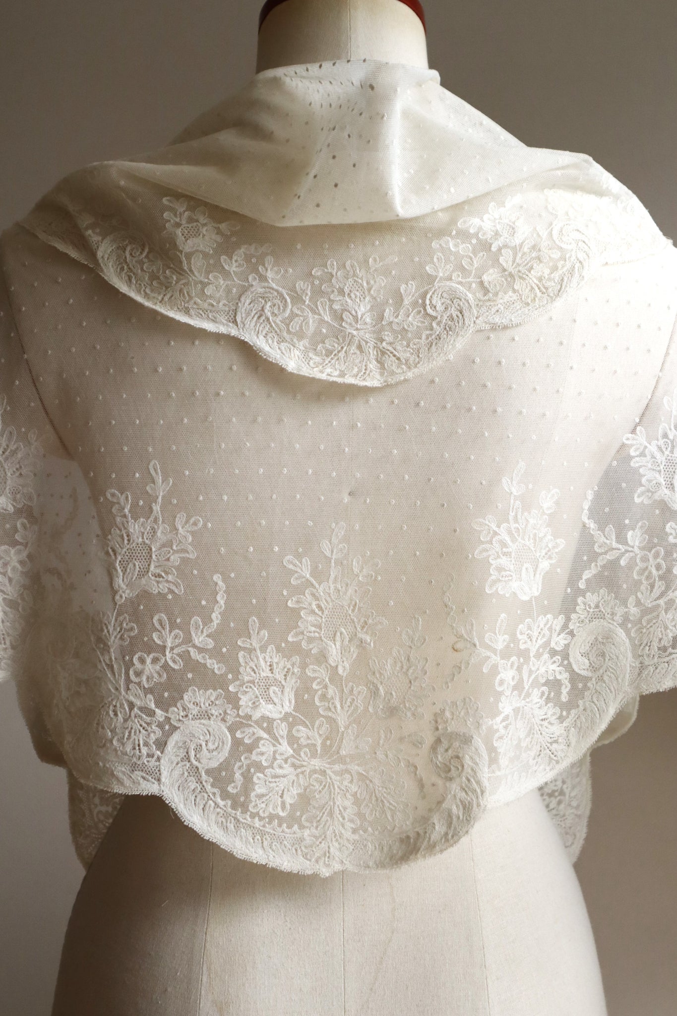 1900s French Embroidered Tulle Fichu Shawl