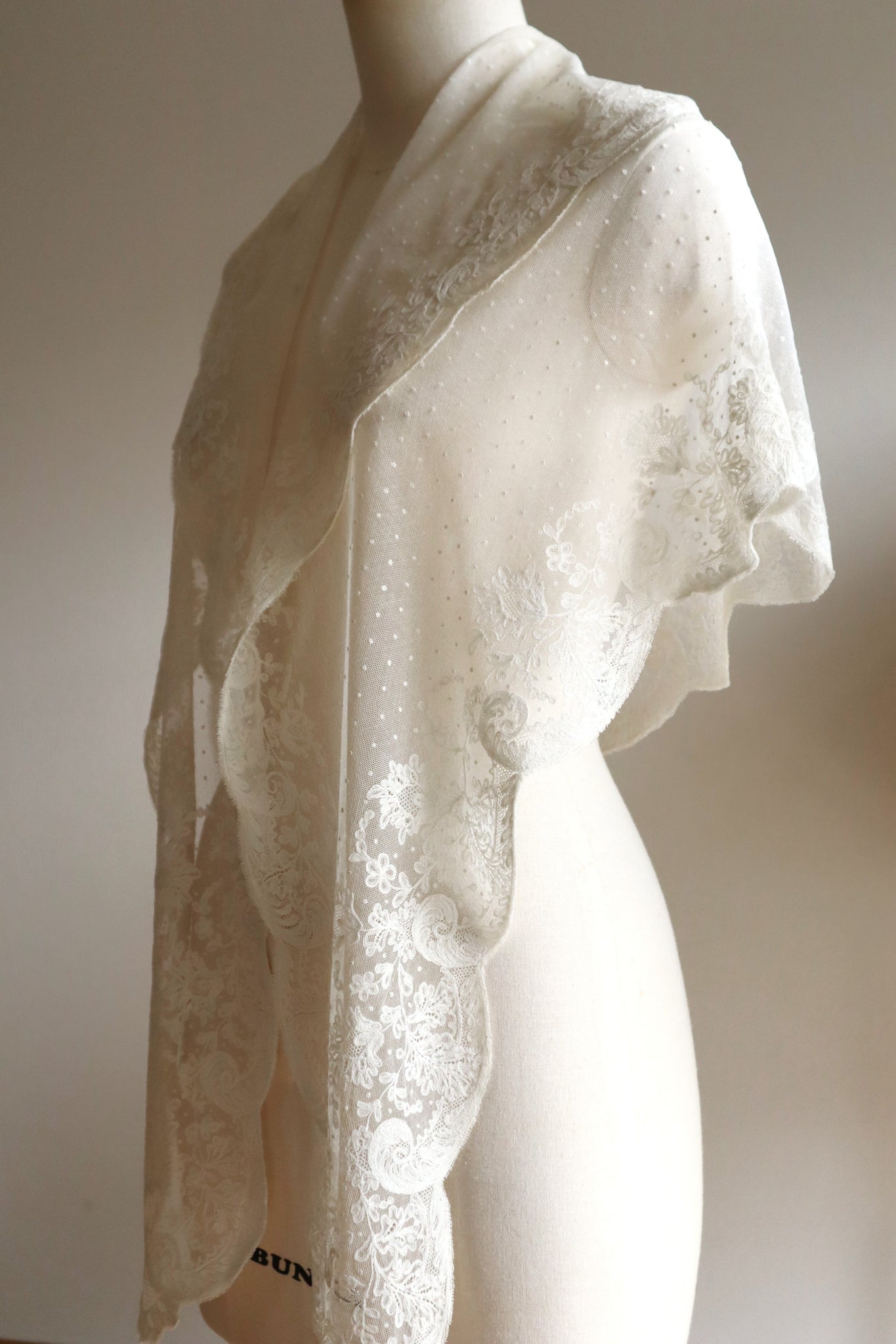 1900s French Embroidered Tulle Fichu Shawl