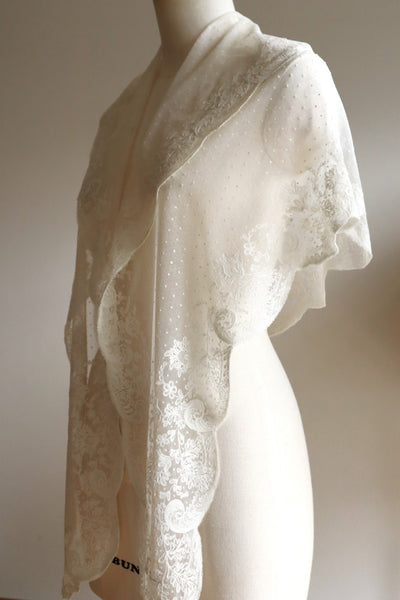1900s French Embroidered Tulle Fichu Shawl