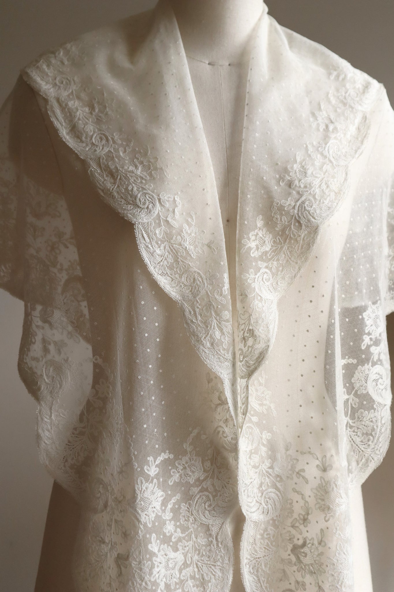 1900s French Embroidered Tulle Fichu Shawl