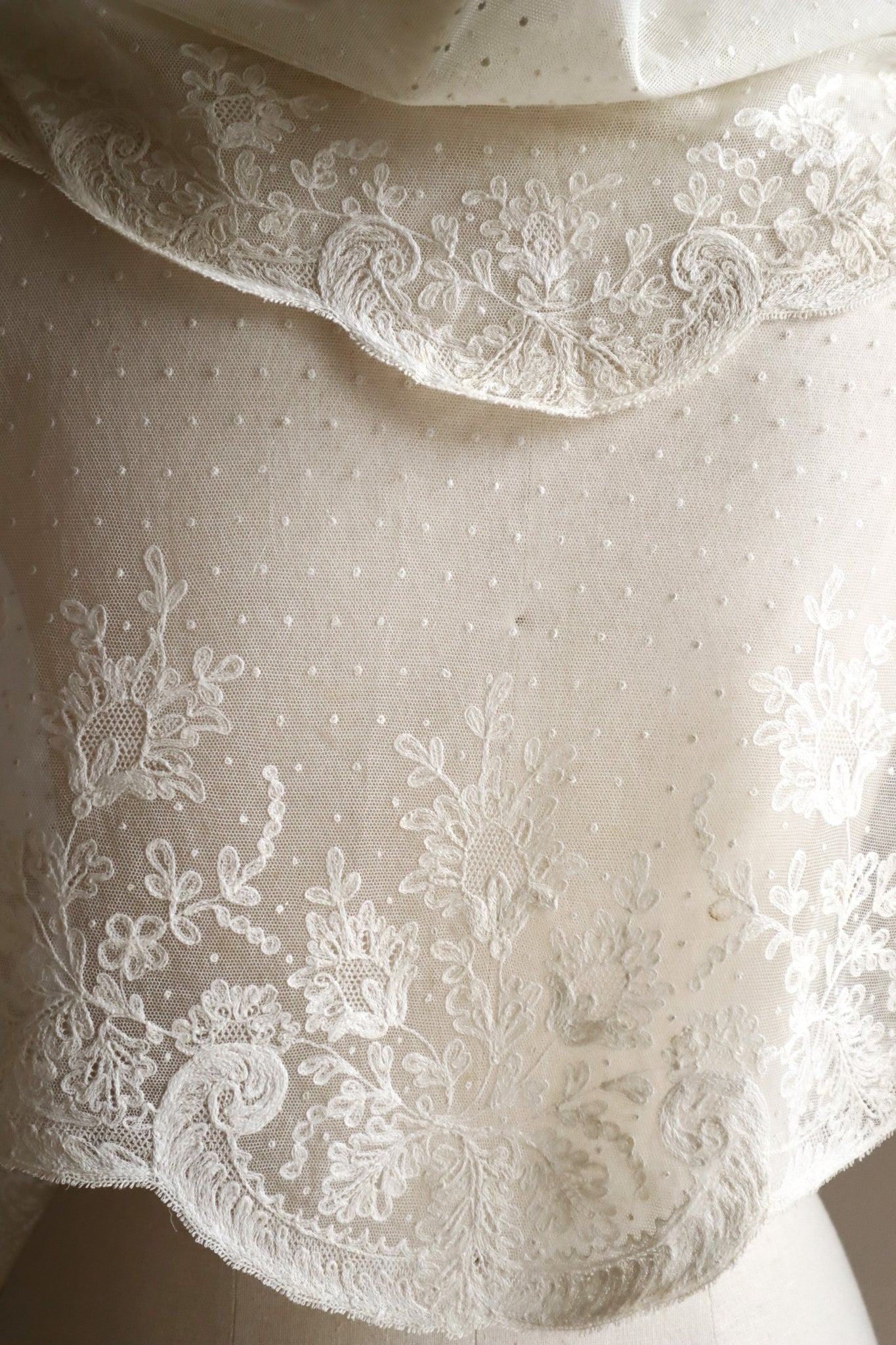1900s French Embroidered Tulle Fichu Shawl