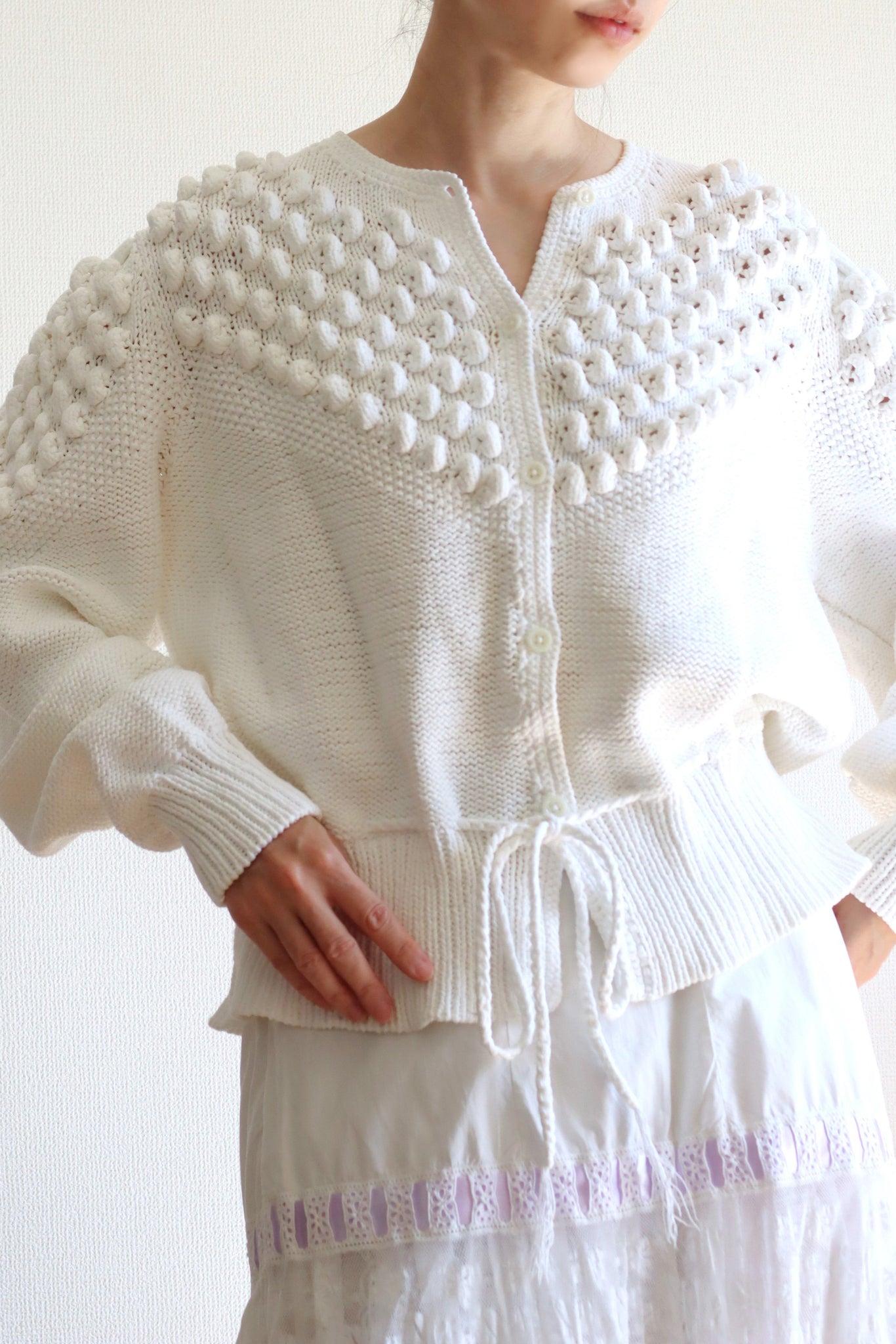 80s Hand Knit White Cotton Cardigan