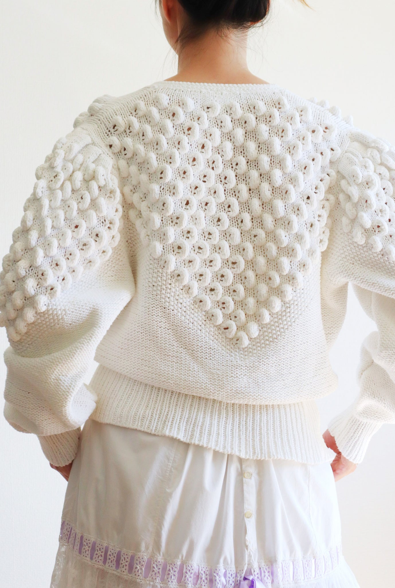 80s Hand Knit White Cotton Cardigan