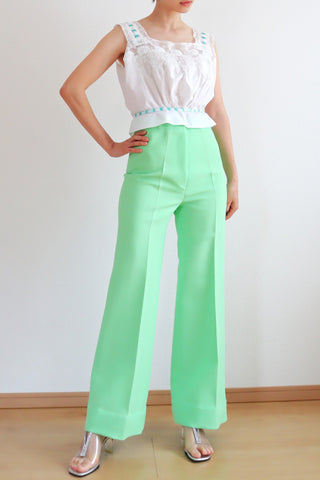 70s Light Pastel Green Flare Wide Leg Pants