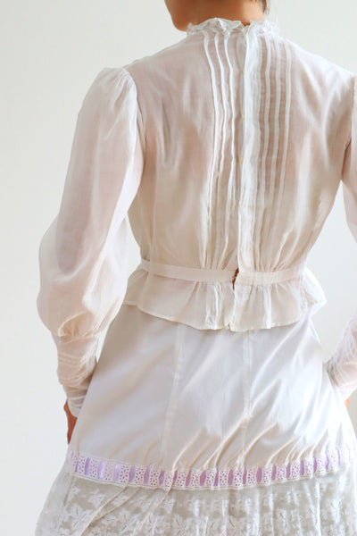 1900s Edwardian Embroidered White Cotton Blouse