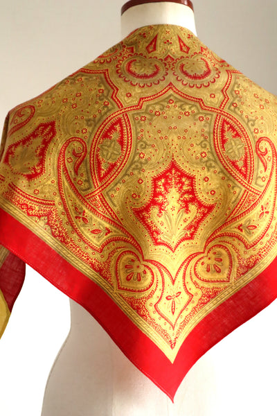 Late 1960s French Cotton Triangle Scarf in Golden & Red Paisley