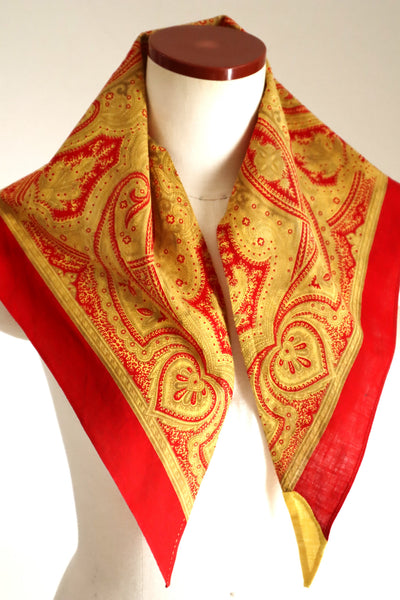 Late 1960s French Cotton Triangle Scarf in Golden & Red Paisley