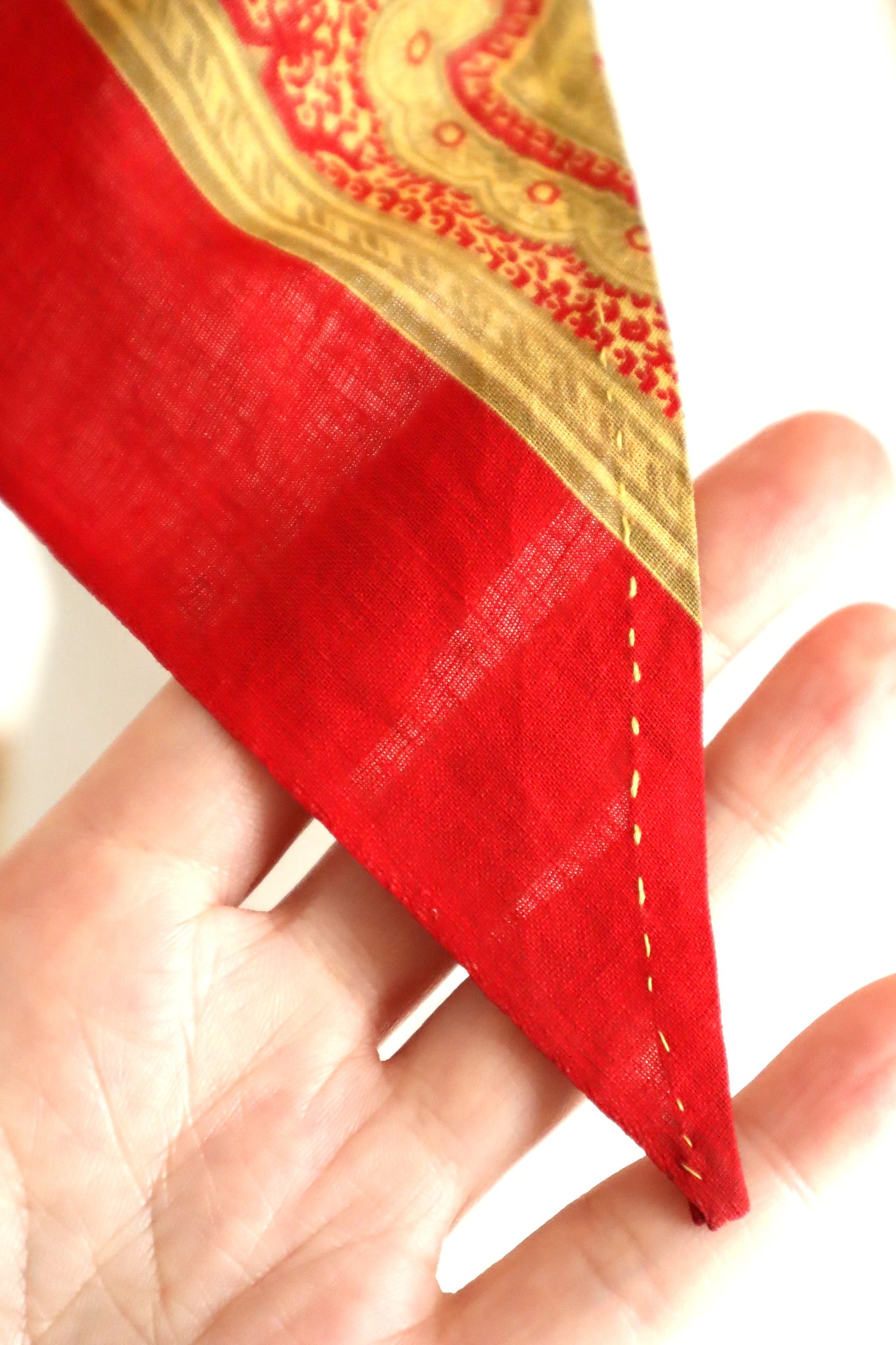 Late 1960s French Cotton Triangle Scarf in Golden & Red Paisley